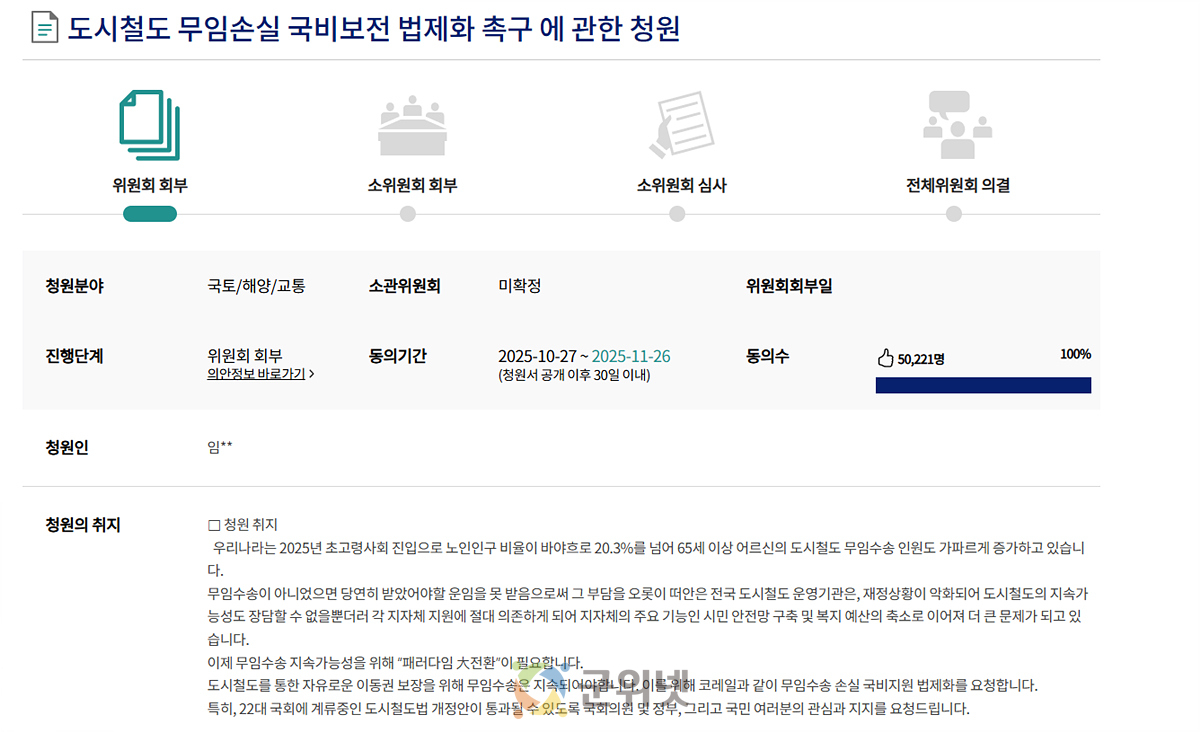 도시철도 무임수송 국비 지원, 국민 청원 5만 명 돌파 이미지