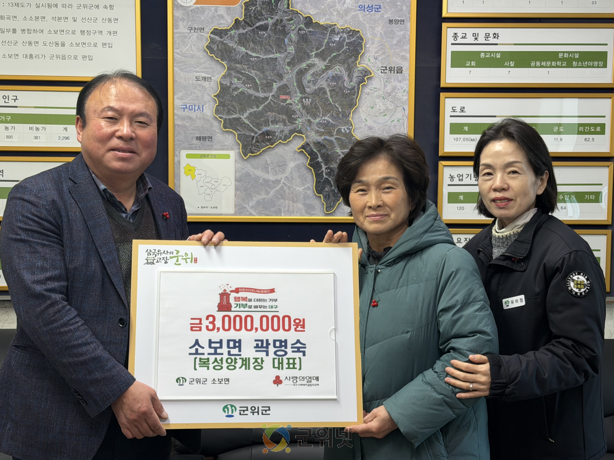 군위군 복성양계장 곽명숙 대표,  소보면에 이웃돕기성금 300만원 기탁